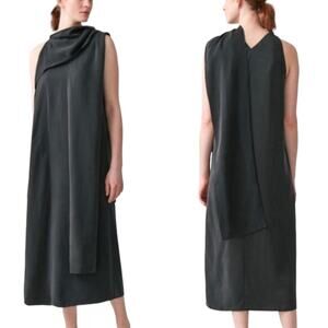 COS Charcoal Gray Draped Neck-Tie Lagenlook Oversized Dress Size 14